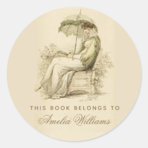 Vintage Calligraphy Bookplate Regency Girl Reading Classic Round Sticker