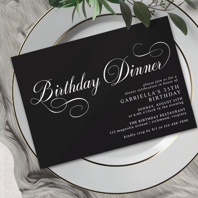 Vintage Calligraphy Elegant Black Birthday Dinner Invitation (Creator Uploaded)