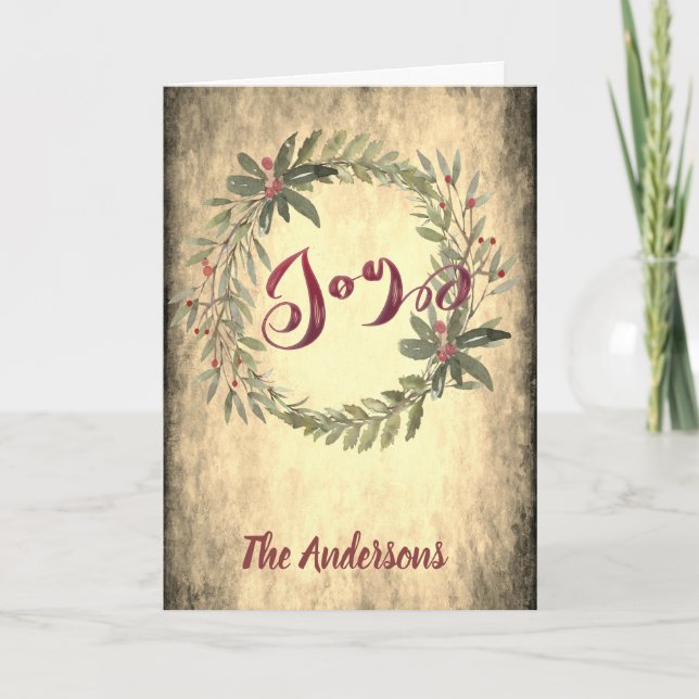Vintage calligraphy joy botanical wreath  holiday card (Front)