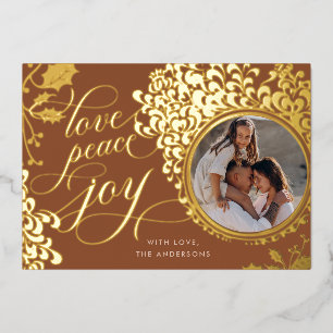 Vintage Calligraphy Love, Joy, Peace 1 Photo  Foil Holiday Card