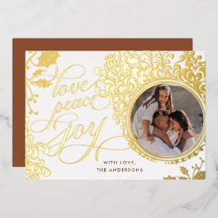 Vintage Calligraphy Love, Joy, Peace 1 Photo Foil Holiday Card