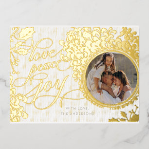 Vintage Calligraphy Love, Joy, Peace 1 Photo  Foil Holiday Postcard