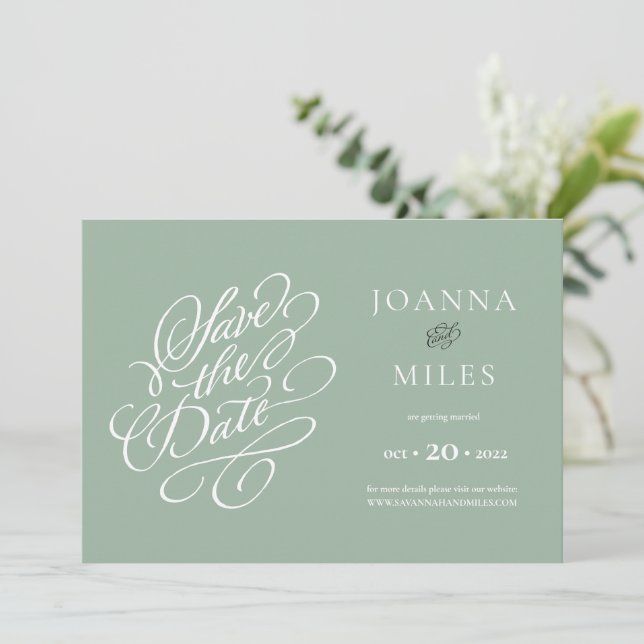 Vintage Calligraphy Sage Green Save the Date Invitation (Standing Front)