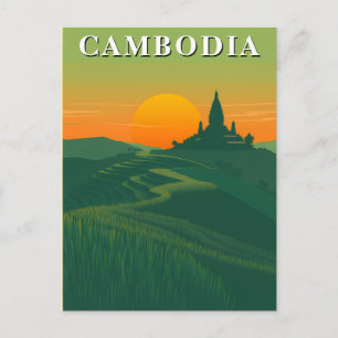 Vintage Cambodia Travel Rice Fields and Temple Postcard