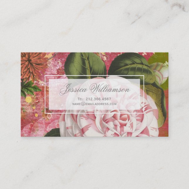Vintage Camellia Floral Collage Business Card (Front)