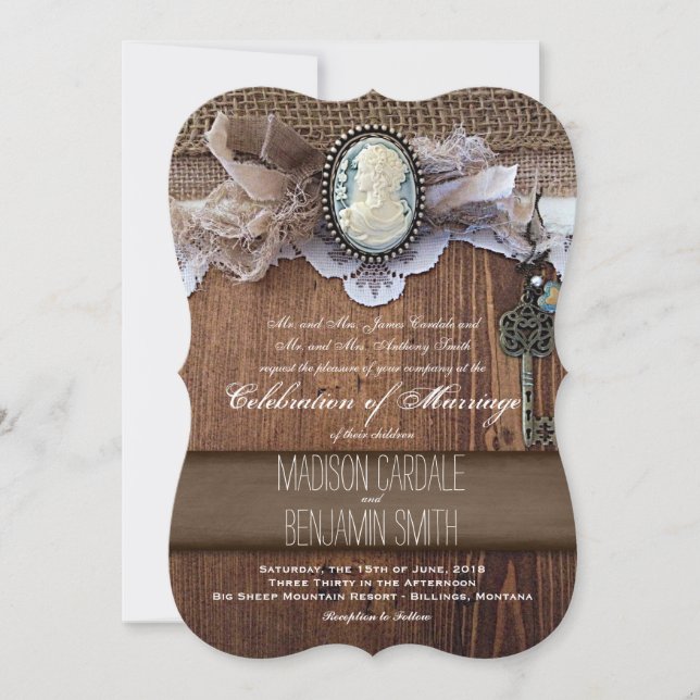 Vintage Cameo Key Burlap Wood Wedding Invites (Front)