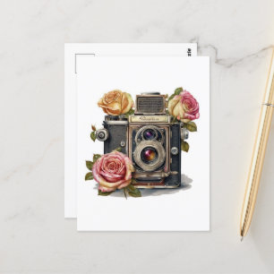 Vintage Camera and Roses Postcard