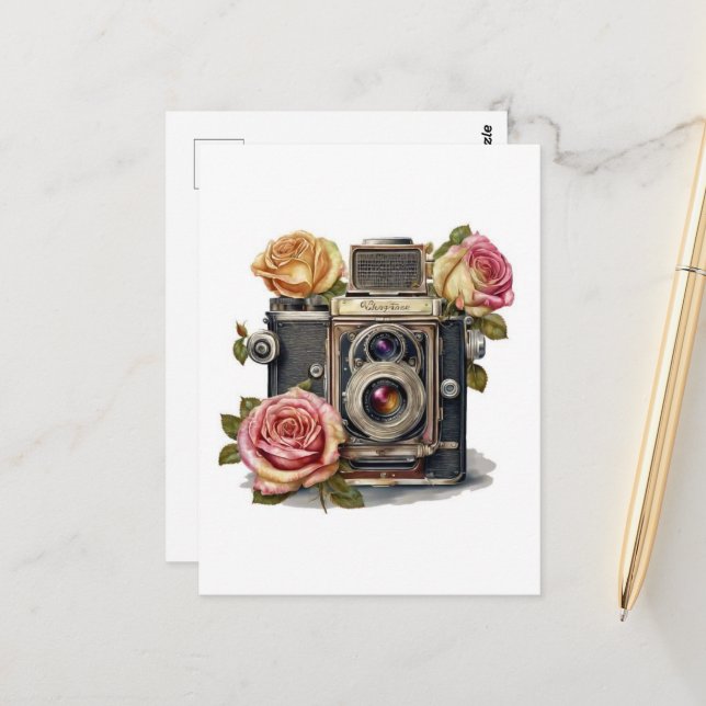 Vintage Camera and Roses Postcard (Front/Back In Situ)