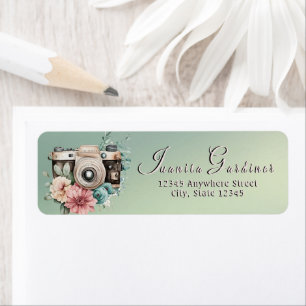 Vintage Camera & Floral Dusty Pink & Teal Bloom Return Address Label