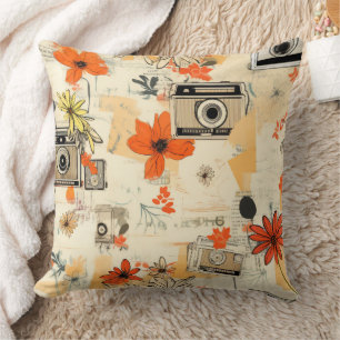 Vintage Camera Floral Orange Mustard Ephemera Cushion