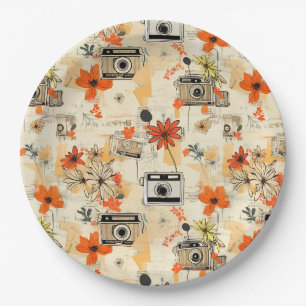 Vintage Camera Floral Orange Mustard Ephemera Paper Plate