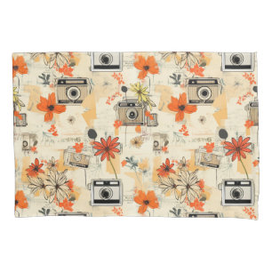 Vintage Camera Floral Orange Mustard Ephemera Pillowcase