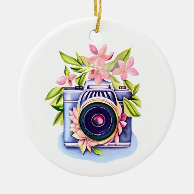 Vintage Camera Floral Personalised Ceramic Ornament (Front)