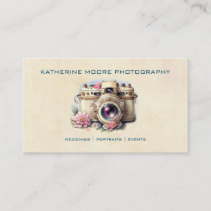 Vintage Camera & Flowers Watercolor Photography Bu Business Card