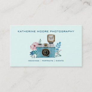 Vintage Camera & Flowers Watercolor Photography Business Card