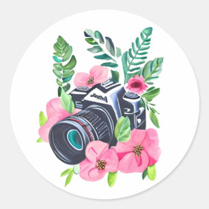 Vintage Camera, Green Foliage  Classic Round Sticker