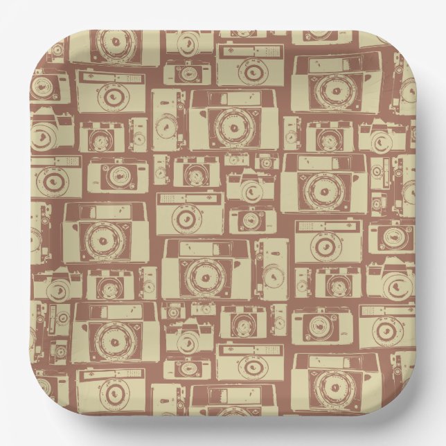 Vintage Camera Pattern in Brown Colours Paper Plate (Front)