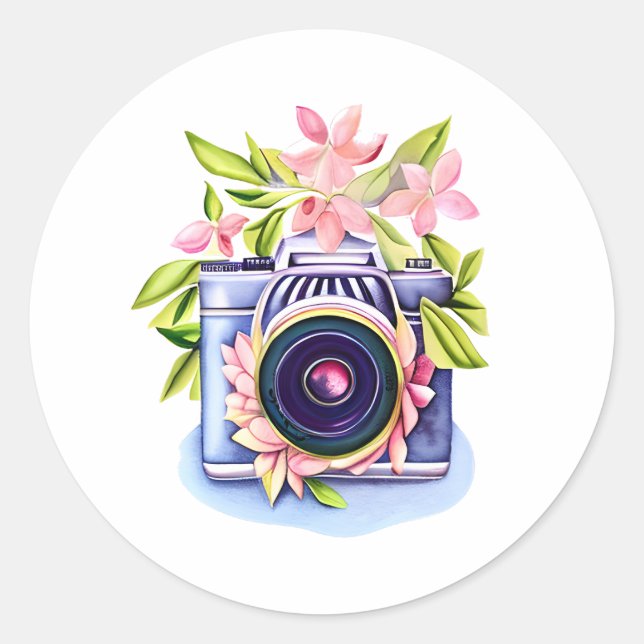 Vintage Camera, Pink Flowers, Green Foliage  Classic Round Sticker (Front)