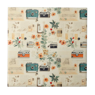 Vintage Camera Radio Floral Teal Orange Collage Ceramic Tile