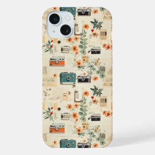 Vintage Camera Radio Floral Teal Orange Collage iPhone 15 Plus Case
