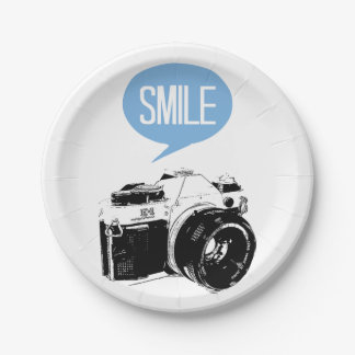 Vintage Camera, Smile Text Balloon, Photographer Paper Plate