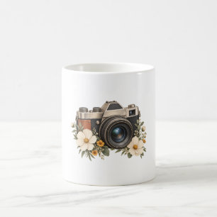 Vintage Camera with Cream Cosmos Wildflowers Coffee Mug