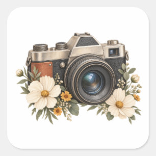 Vintage Camera with Cream Cosmos Wildflowers Square Sticker