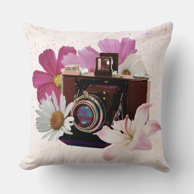 Vintage camera with flowers cushion (Front)