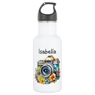 Vintage Camera with Pretty Flowers Watercolor 532 Ml Water Bottle