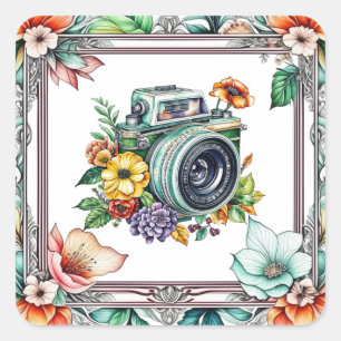 Vintage Camera with Pretty Flowers Watercolor Square Sticker