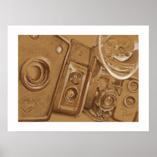 Vintage Cameras - Pencil Drawing in Sepia Tone Poster
