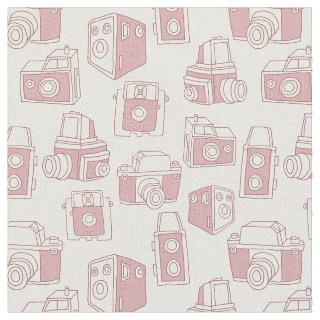 Vintage Cameras Retro Pattern (White / Pink) Fabric (Close Up)