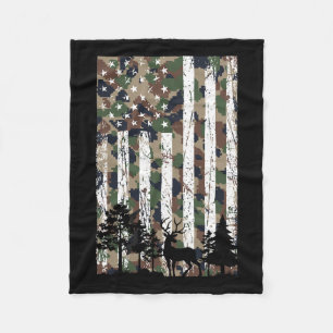 Vintage Camo American Flag Deer Camoflage Hunting Fleece Blanket