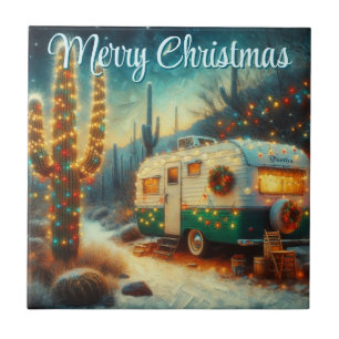Vintage Camper Christmas in Desert Personalised Ceramic Tile