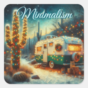 Vintage Camper Christmas in Desert Saguaro Cactus Square Sticker