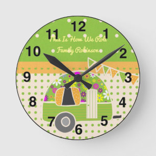 Vintage Camper Orange Green Polkadots Personalised Round Clock