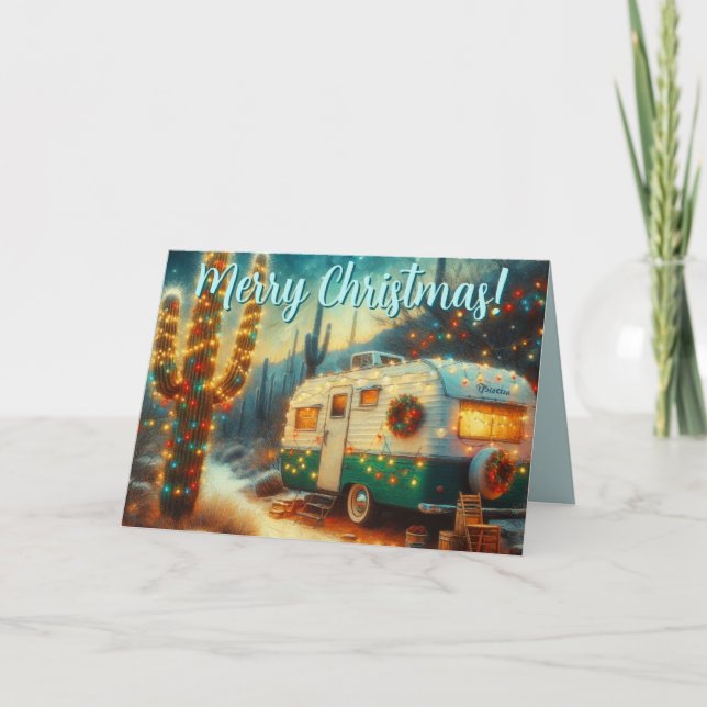 Vintage Camper Saguaro Cactus Christmas Card (Front)