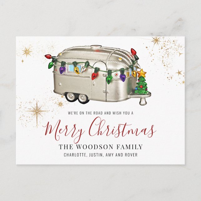 Vintage Camper Trailer Christmas Holiday Postcard (Front)