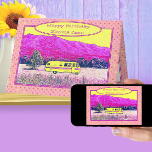 Vintage Camper Van Happy Birthday Pink Polka Dots Card