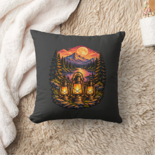 Vintage Camping Lanterns Mountain Sunset Wildernes Cushion
