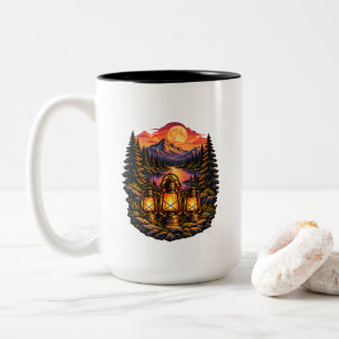 Vintage Camping Lanterns Mountain Sunset Wildernes Two-Tone Coffee Mug
