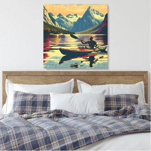 Vintage Camping Scene Man Kayaking Canvas Print