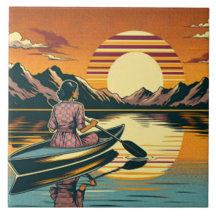 Vintage Camping Scene Woman Kayaking Ceramic Tile