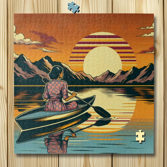 Vintage Camping Scene Woman Kayaking Jigsaw Puzzle (Creator Uploaded)