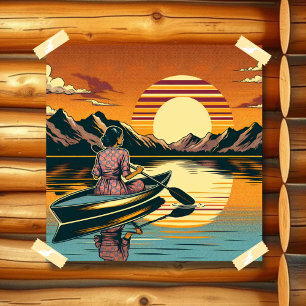 Vintage Camping Scene Woman Kayaking Poster