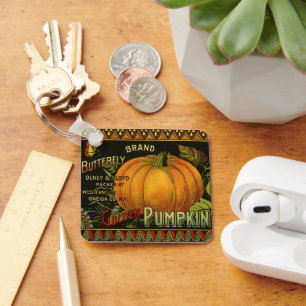 Vintage Can Label Art, Butterfly Pumpkin Vegetable Key Ring