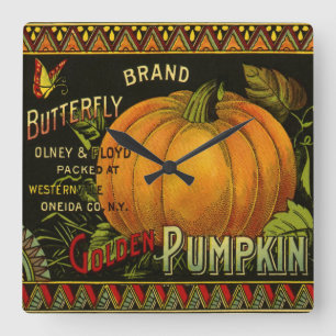 Vintage Can Label Art, Butterfly Pumpkin Vegetable Square Wall Clock
