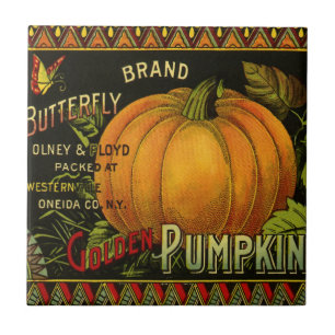 Vintage Can Label Art, Butterfly Pumpkin Vegetable Tile