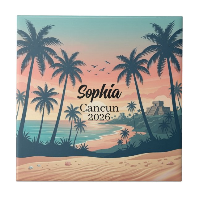 Vintage Cancun 2026 Tropical Beach Sunset Ceramic Tile (Front)