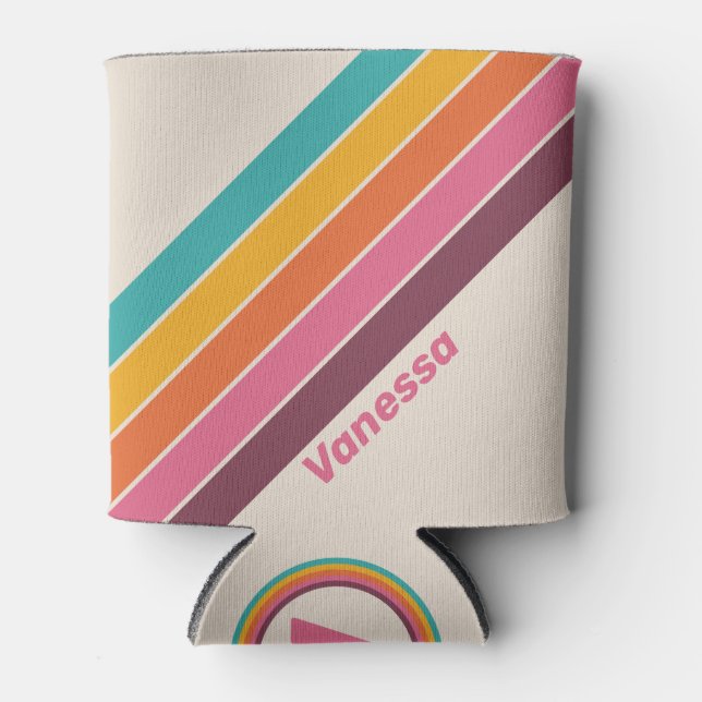 Vintage Candy Rainbow Stripes with Name Can Cooler (Front)
